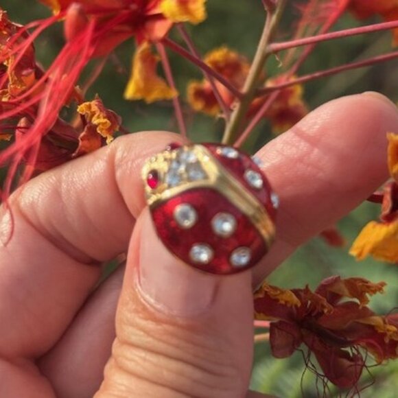KREMENTZ Gold Ladybug Red Enamel Clear Rhinestone Pin BROOCH - Picture 3 of 10